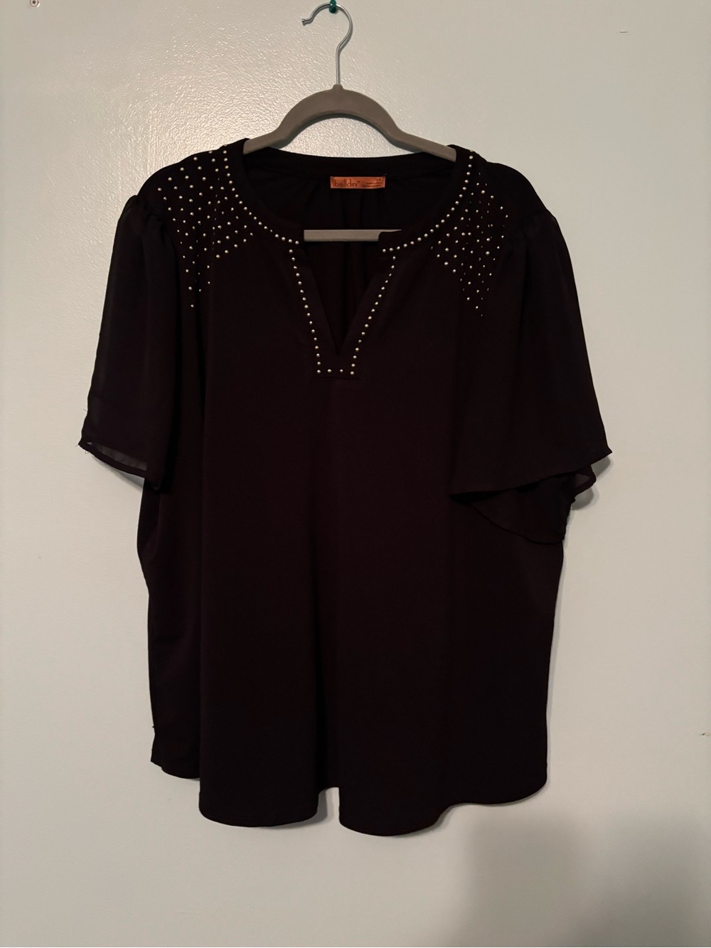 Black Studded V-Notch Women's Blouse